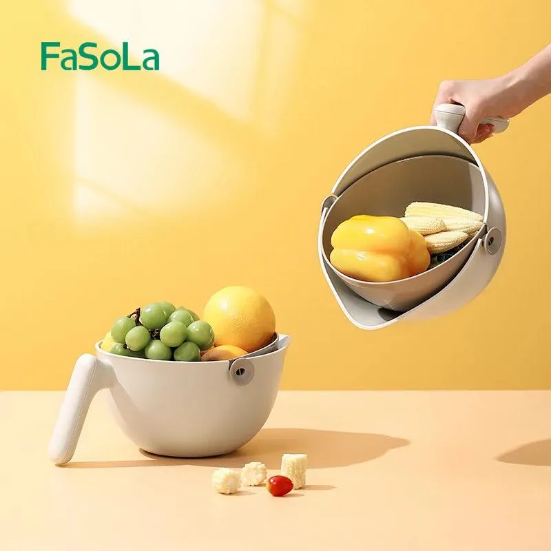 FaSoLa Double Layer Drain Basket for Food Vegetable Fruit Plastic Storage Basket